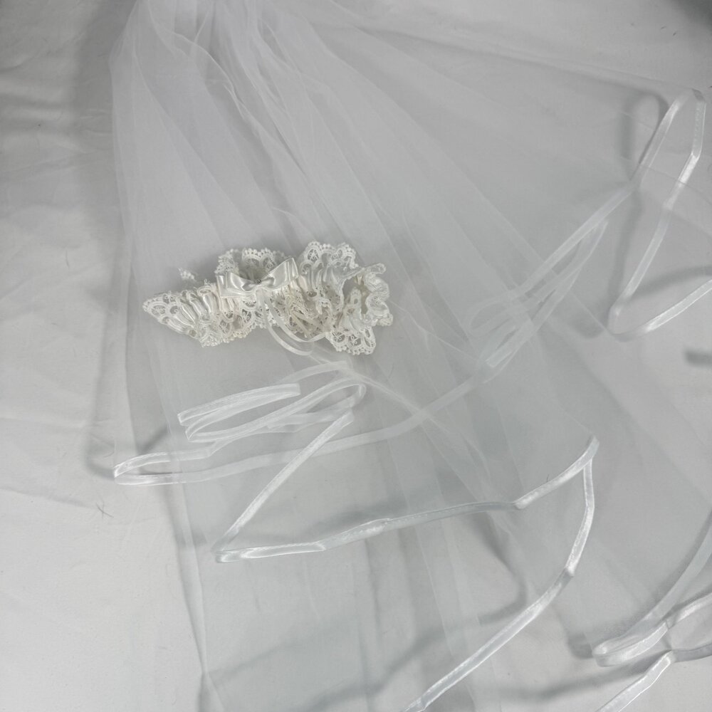 White Tulle Bridal Veil with Comb and Lace Garter Set Wedding Bachelorette